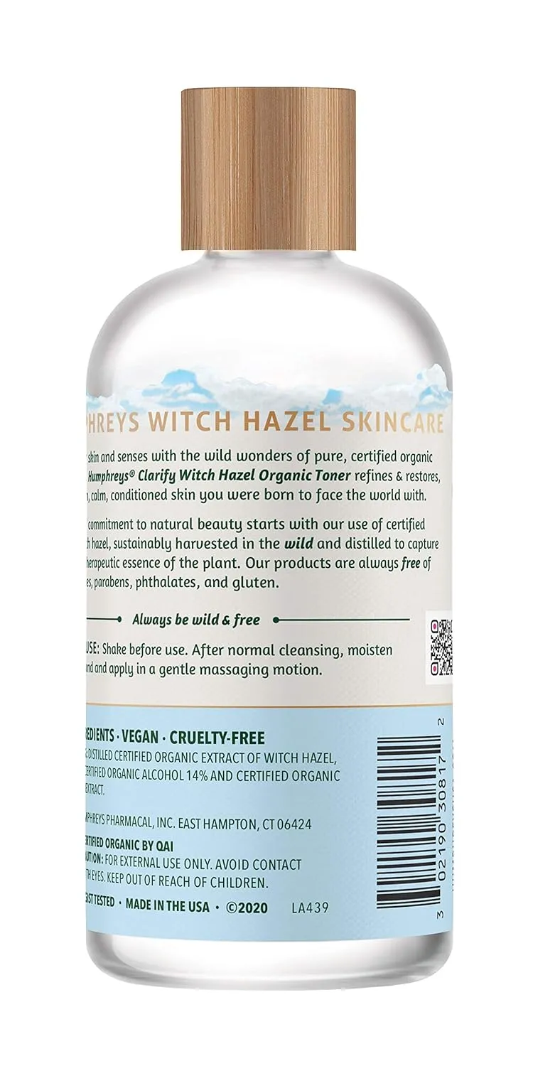 Humphreys Witch Hazel Clarifying Toner | Wild Harvested Witch Hazel | USDA Organic | Natural | Hydrating | Clears Pores & Removes Oil | 8 fl oz