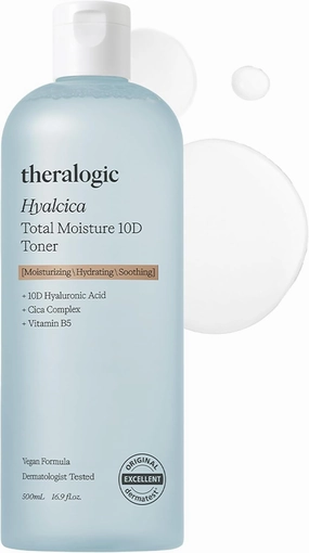 Hyalcica Total Moisture 10D Toner - Vegan Moisturizing Soothing Korean Face Toner with 10 Hyaluronic Acid and CICA - Low pH Face Toning Water - Derma Tested, 16.9 fl.oz.