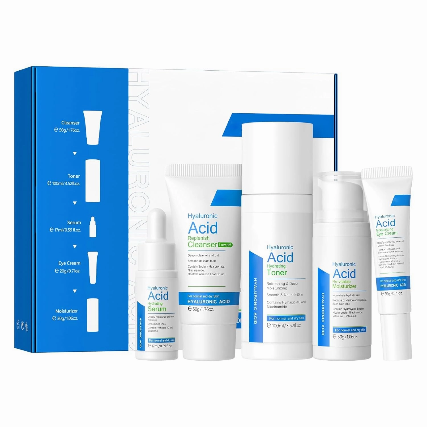 Hyaluronic Acid Skin Care Set, Anti Aging Hydration Kit for Women Teen Girls, Low pH Cleanser, Toner, Moisturizer, Serum, Eye Cream, Travel Size Firming Facial Care Gift Set for Dry Sensitive Skin
