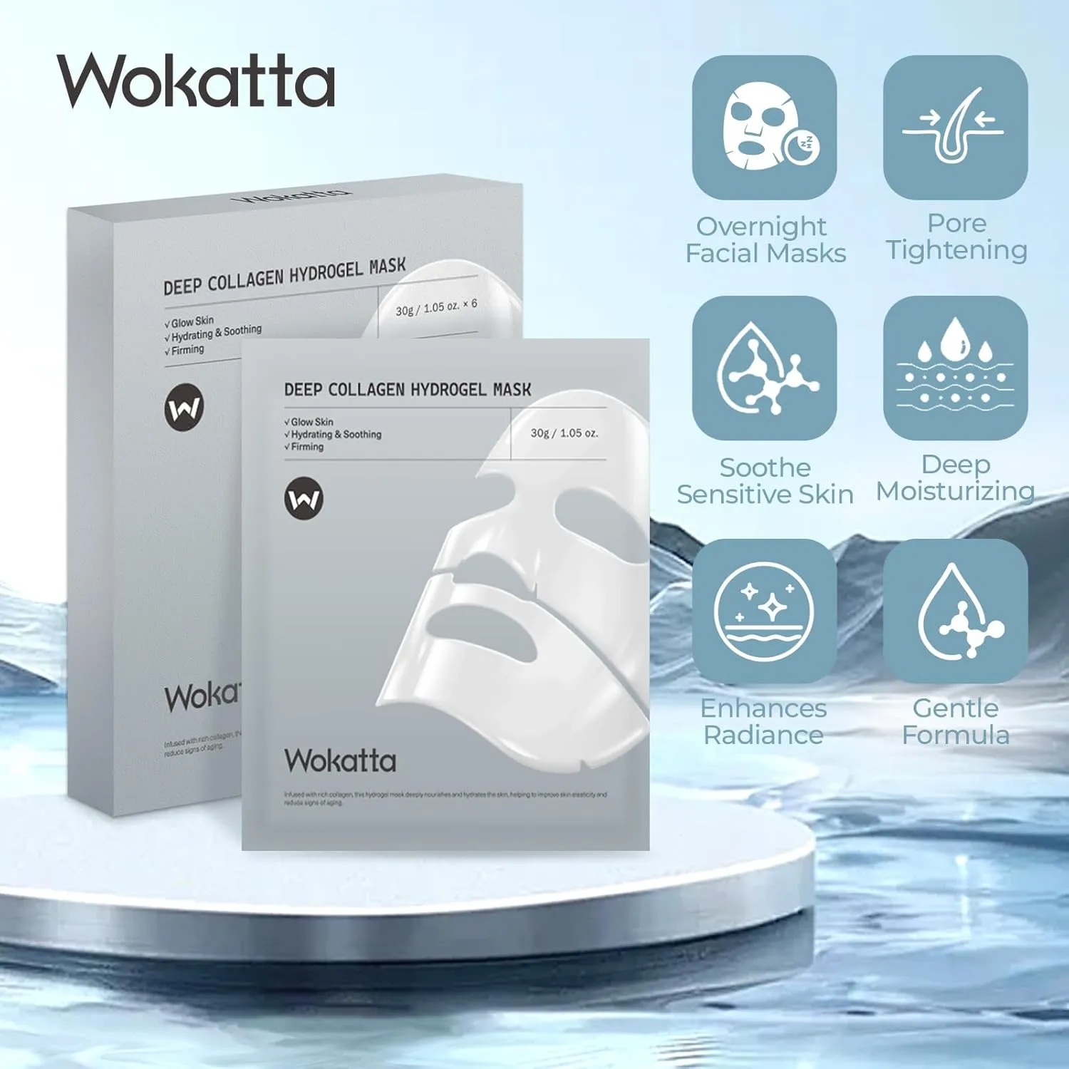 Hydrating Collagen Face Mask, Overnight Hydrogel Face Mask for Skin Care, Facial Masks for Moisturizing and Pore Tightening, Enhances Radiance - 30g× 6ea