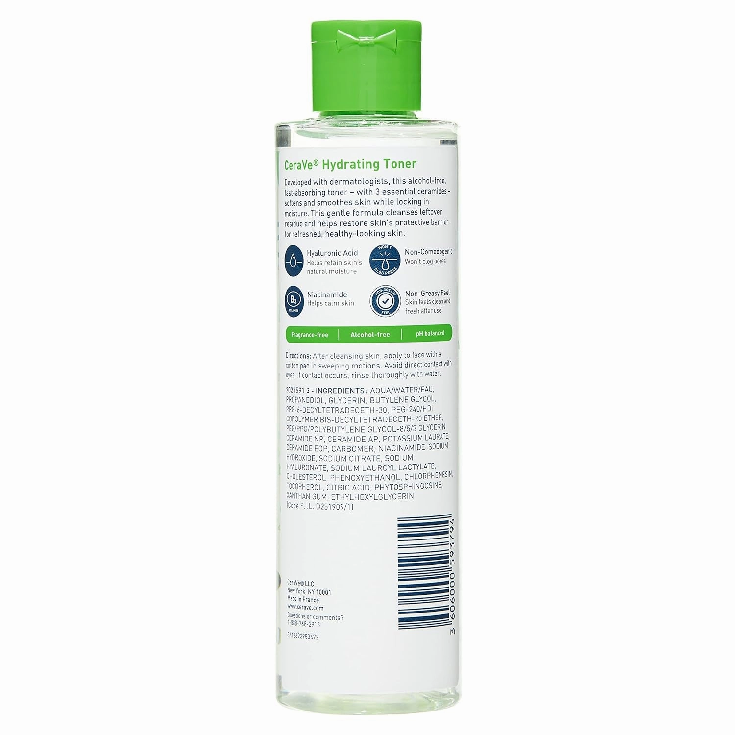 Hydrating Toner for Face Non-Alcoholic with Hyaluronic Acid, Niacinamide, and Ceramides for Sensitive Dry Skin, Fragrance-Free Non Comedogenic, Full Size, 6.8 Fl Oz