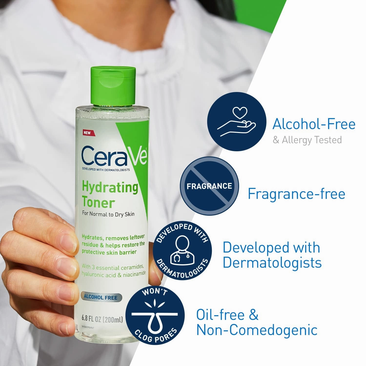 Hydrating Toner for Face Non-Alcoholic with Hyaluronic Acid, Niacinamide, and Ceramides for Sensitive Dry Skin, Fragrance-Free Non Comedogenic, Full Size, 6.8 Fl Oz