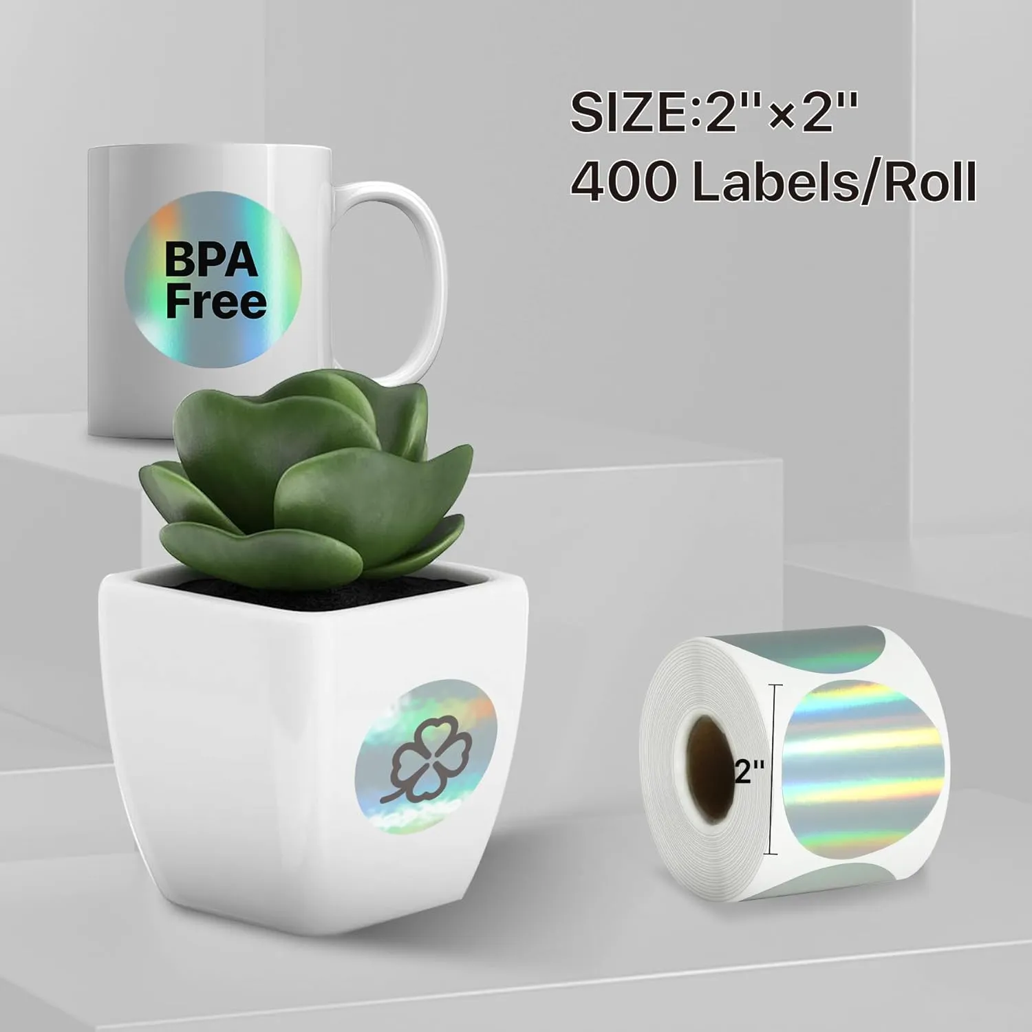 iEager Holographic Circle Thermal Label Stickers 2 Inch Round Printable Sticker Labels, Self-Adhesive Thermal Labels Roll for Decor, Home Storage, Thanks Card, Gift Box, Custom Logo Design-400 Labels
