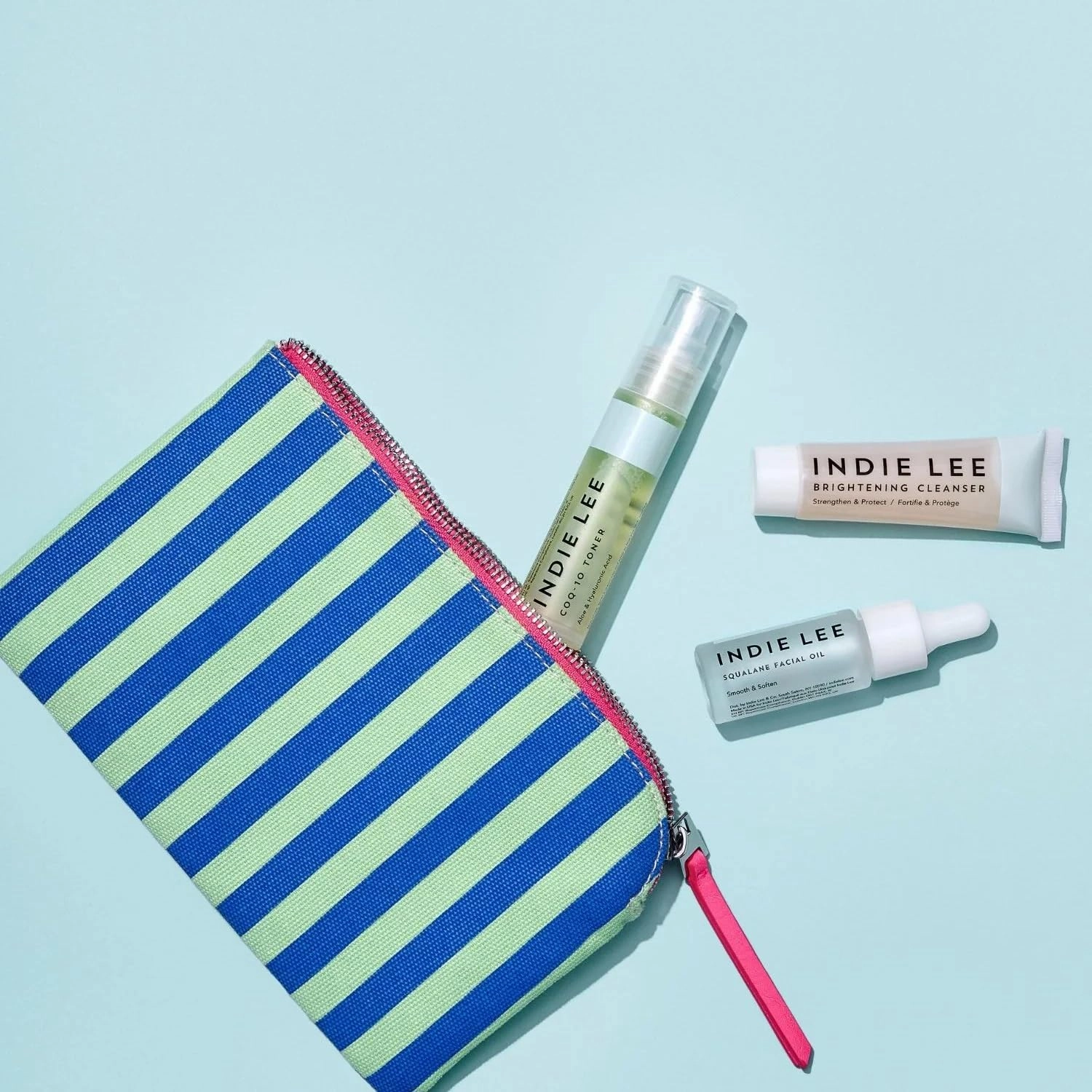 Indie Lee Discovery Gift Set - Travel Size Toiletries Skincare Set with Brightening Cleanser, CoQ-10 Toner   Squalane Facial Oil - Skin Care Kit for Adults (3-Piece Travel Size Set)