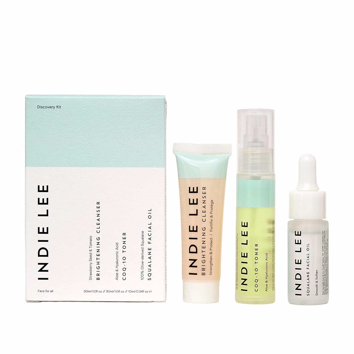 Indie Lee Discovery Gift Set - Travel Size Toiletries Skincare Set with Brightening Cleanser, CoQ-10 Toner   Squalane Facial Oil - Skin Care Kit for Adults (3-Piece Travel Size Set)