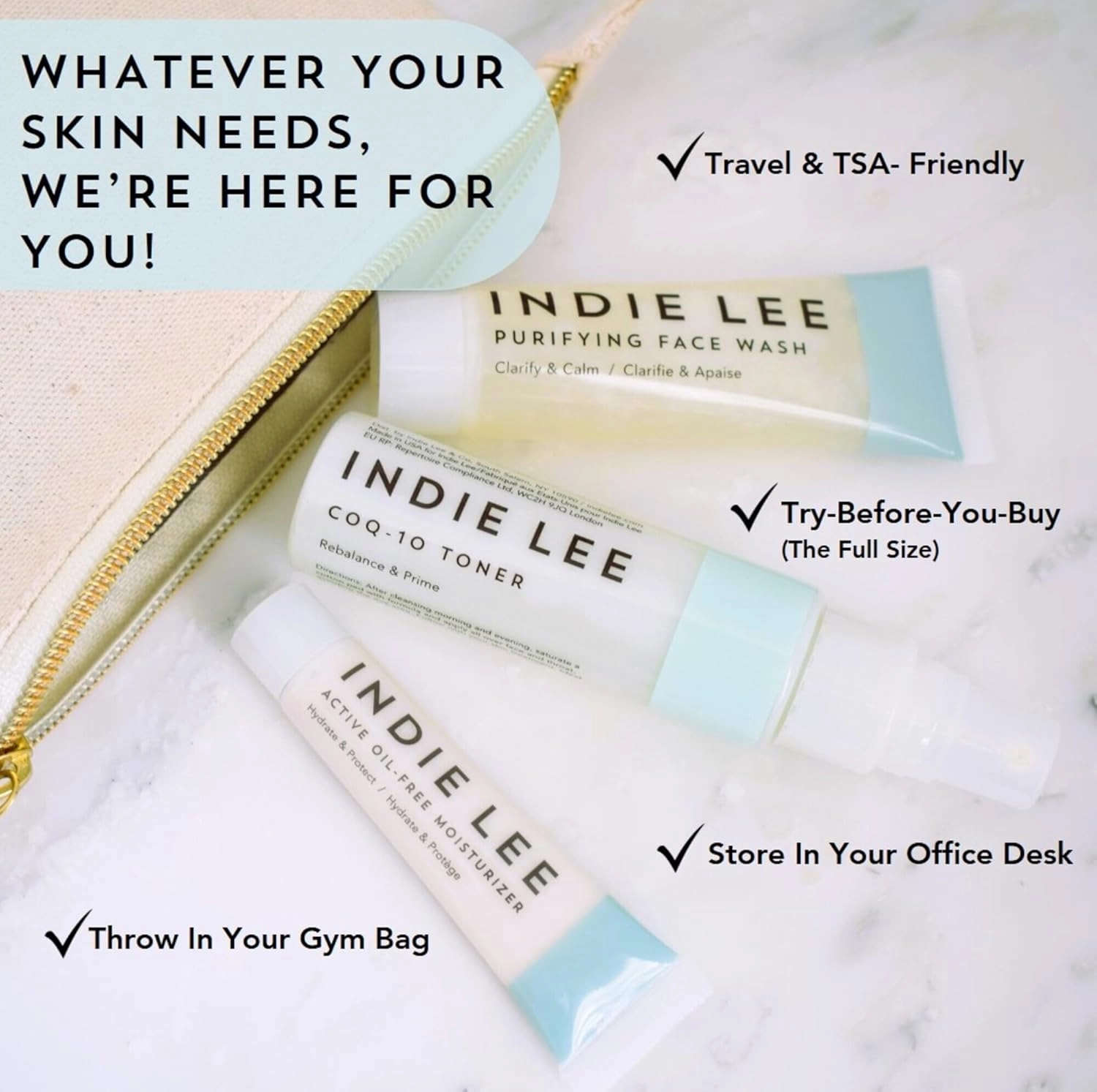 Indie Lee Discovery Gift Set - Travel Size Toiletries Skincare Set with Brightening Cleanser, CoQ-10 Toner   Squalane Facial Oil - Skin Care Kit for Adults (3-Piece Travel Size Set)