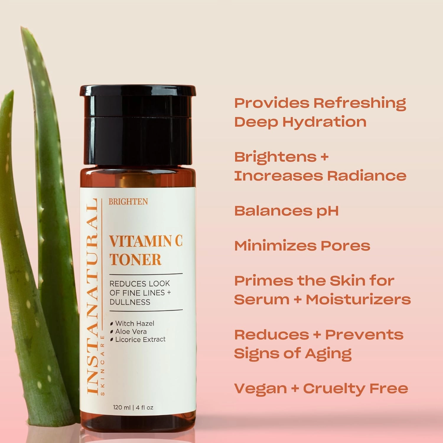 InstaNatural Vitamin C Face Toner, Brightens, Balances pH and Reduces Signs of Aging, Fine Lines and Wrinkles, with Witch Hazel, Aloe Vera and Licorice Extract, 4 Fl Oz - 3 Pack