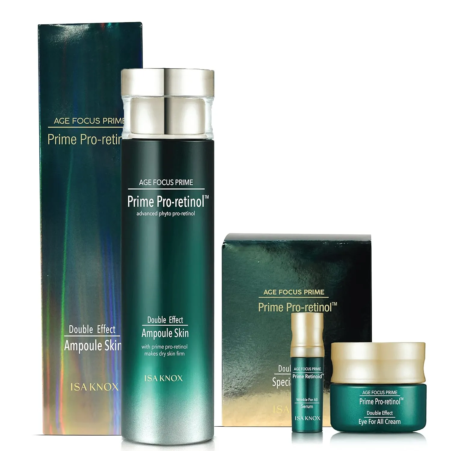 ISA KNOX AGE FOCUS PRIME Double Effect Ampoule Toner, PRIME Wrinkle For All Serum & PRIME Eye For All Cream (177 ml/5.99 fl oz) - Korean Skin Care by LG Beauty. Daytime Retinol.