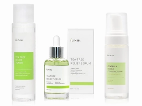 IUNIK Centella Bubble Foaming Facial Cleanser, 5.07 Fl Oz   Tea Tree Relief Face Toner 6.7 Fl Oz   Tea tree Relief Natural Facial Serum 1.71 Fl Oz