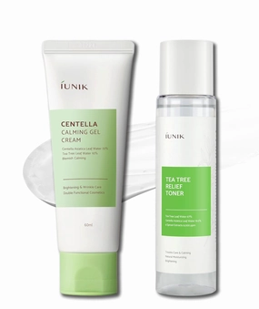 IUNIK Centella Calming Gel Cream & Tea Tree Relief Toner Vegan Moisturizing Hydrating Skincare for Sensitive Oily Acne-prone Skin Breakout Blemish Redness Care Korean Skincare