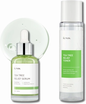 iUNIK Tea Tree Relief Face Toner & Tea Tree Relief Facial Serum - Moisturizing Refreshing Soothing Gentle Mild Clear Acne Redness Irritation Sebum Control Treatment All Skin Types Korean Skincare