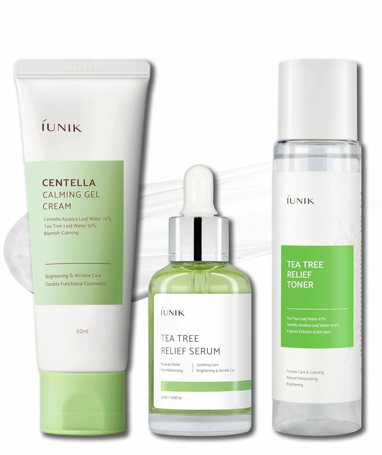 iUNIK Tea tree Relief Natural Facial Serum & Centella Calming Gel Hydrating Cream & Tea Tree Relief Face Toner - Acne Fighting Trio Moisturizing Soothing Calming Oily Senstivie Skin Korean Skincare