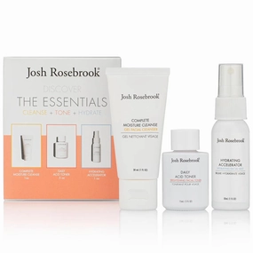 Josh Rosebrook The Essentials Kit - Cleanse, Tone & Hydrate Skincare Set | Complete Moisture Cleanse 1 oz, Daily Acid Toner 0.5 oz, Hydrating Accelerator 1 oz | Travel Size Facial Skin Care