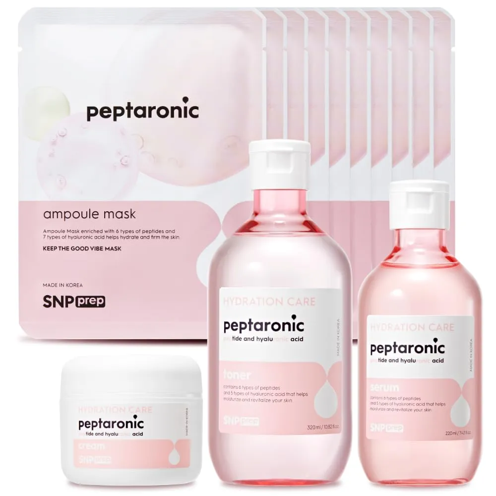 [K Beauty Snp] 4-in-1 Peptaronic Skincare Set | Peptide and Hyaluronic Acid Complete Skin Care Set | Includes Facial Toner, Cream, Face Serum, and Ampoule Sheet Face Masks | Skin Care Gift Set of 1