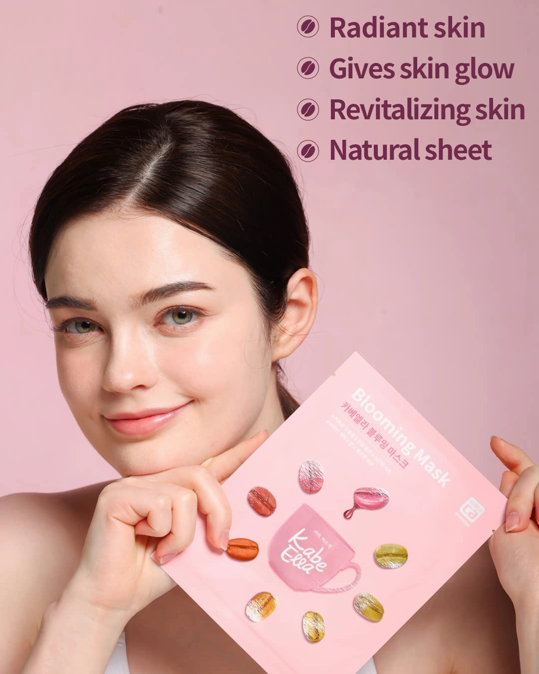KabeElla Blooming Mask, Radiance & Skin Glow Sheet Face Mask with Green Coffee Seed and Honey, Hydrating Facial Mask for Dull Skin, Eco-Friendly Cellulose Sheet, 5 Sheets