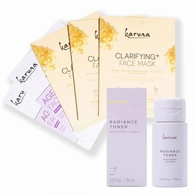 Karuna Age-Defying   Clarifying Sheet Masks (5-Pack) & Radiance Face Toner (150 mL) – Brightening   Refining Skincare Set for Smooth, Balanced Skin