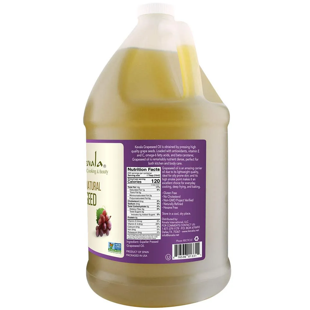 Kevala Grapeseed Oil – 128 fl oz – 1 gallon - Vitamin E – Body and Massage Oil – Grape Seed Extract – High Heat Cooking - Gluten Free – Hexane Free