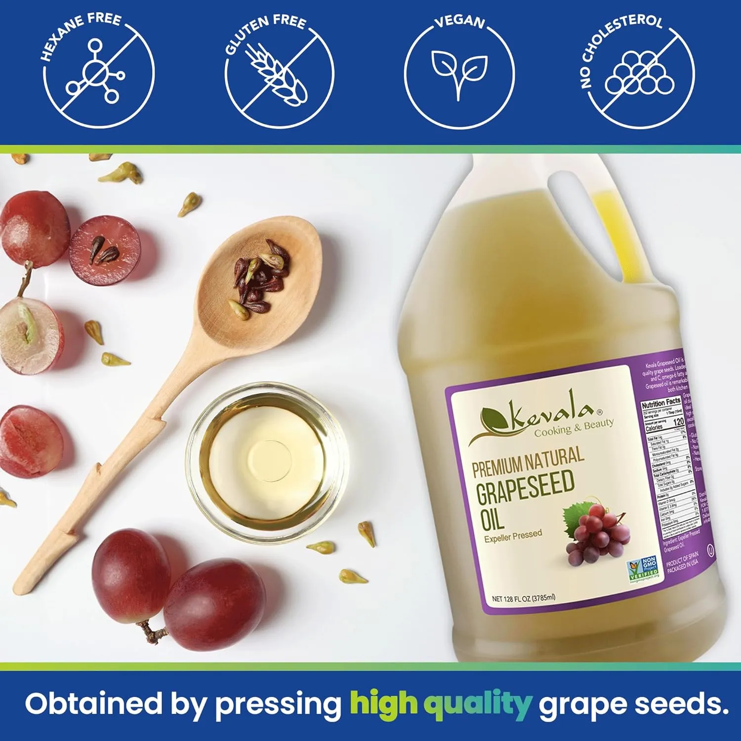 Kevala Grapeseed Oil – 128 fl oz – 1 gallon - Vitamin E – Body and Massage Oil – Grape Seed Extract – High Heat Cooking - Gluten Free – Hexane Free