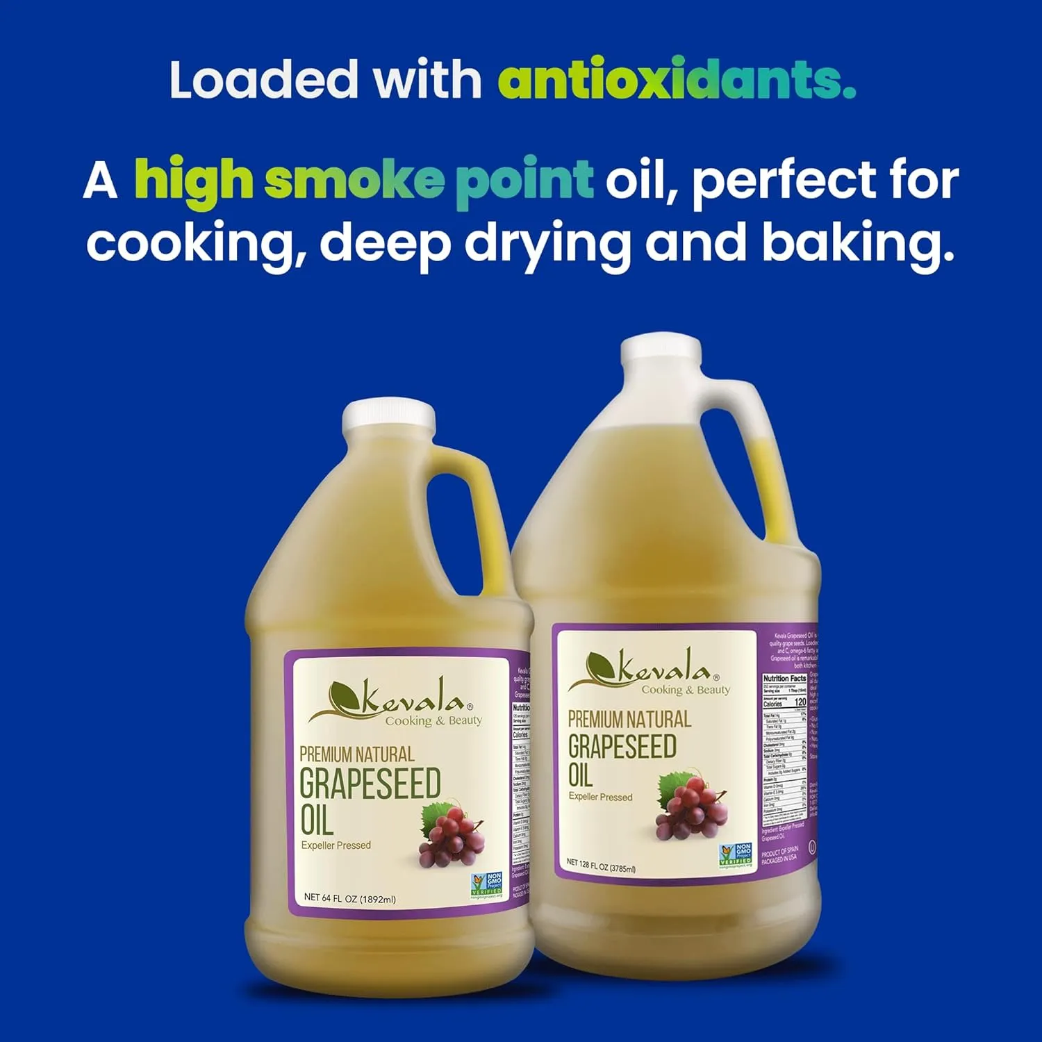 Kevala Grapeseed Oil – 128 fl oz – 1 gallon - Vitamin E – Body and Massage Oil – Grape Seed Extract – High Heat Cooking - Gluten Free – Hexane Free