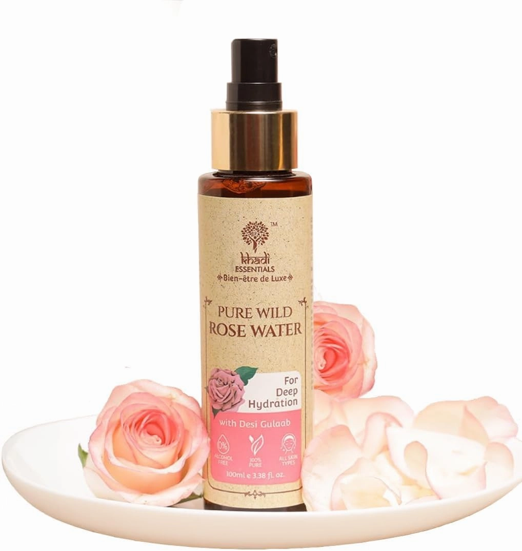 Khadi Essentials Luxurious Ayurvedic Pure Rose Face Mist, A Toner That's All Rose Oil & Purified Water Perfect for Dry Skin, Enhances Glow, Makeup Remover, 100ml Pure Chemical Free Face Mizzle
