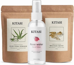 Kitasi Aloevera Leaf Multani Facepack with Rose Water Toner Combo | for Soothing Skin & Moisturizing Hydrating Skin Deep Hydration, Refreshing | Paraben & Sulphate Free, 100 gm