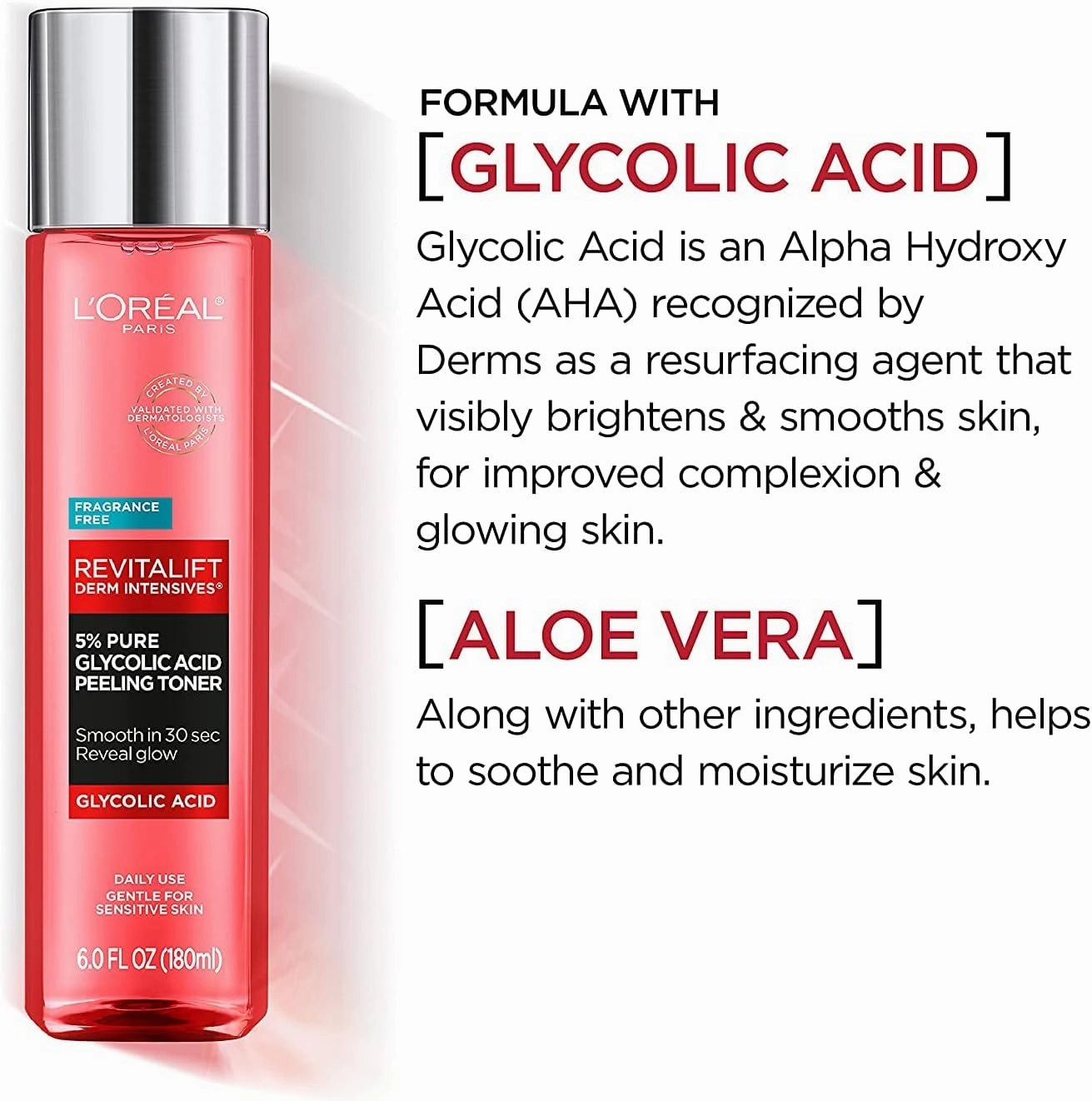 L'Oreal Paris Revitalift 5% Pure Glycolic Acid Peeling Toner with Aloe Vera, Smooth Skin and Reveal Glow, Daily Exfoliant, Alcohol Free, Fragrance Free 6 fl oz (Pack of 2)