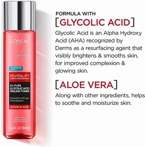 L'Oreal Paris Revitalift 5% Pure Glycolic Acid Peeling Toner with Aloe Vera, Smooth Skin and Reveal Glow, Daily Exfoliant, Alcohol Free, Fragrance Free 6 fl oz (Pack of 2)