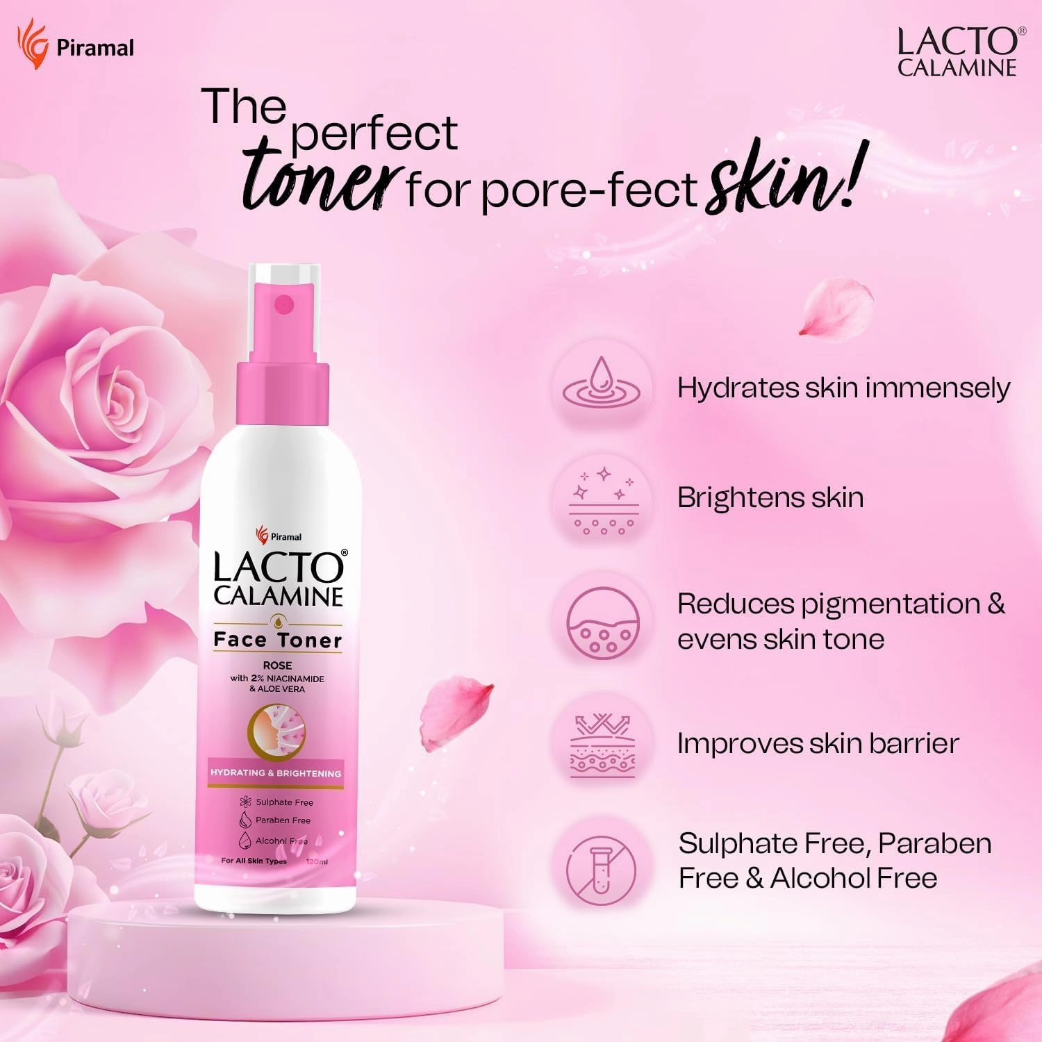 La.cto Calamine Rose Water Toner for Glowing Skin | 120ml | Gulab Jal Face Toner | Rosewater with Aloe Vera & 2% Niacinamide | No Sulphate, Alcohol, & Parabens (1)