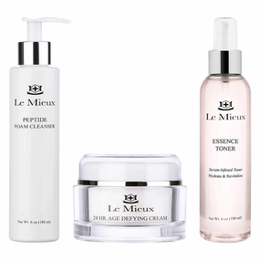 Le Mieux Facial Skincare Set - Peptide Foam Cleanser, Essence Toner & 24 Hr Age-Defying Cream - 3-Piece Set