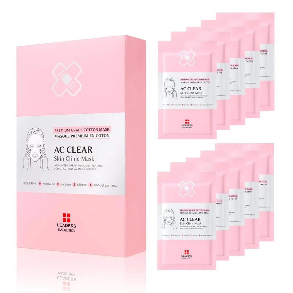 Leaders Insolution AC Clear Skin Clinic Mask | Snail Secretion & Tea Tree Oil for Acne, Redness, Oil Control | 100% Cotton Bemliese Sheet | Balances & Soothes Sensitive Skin (10 Sheets)