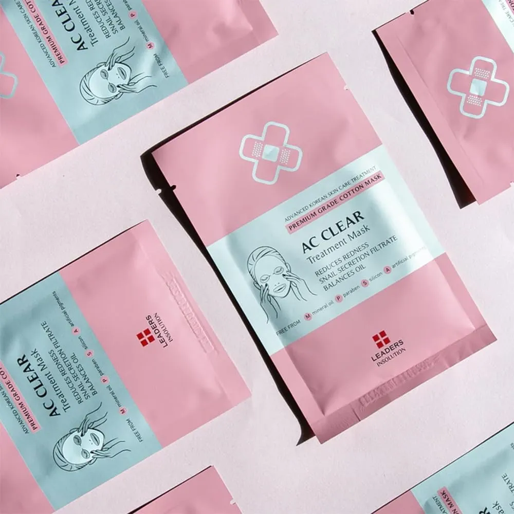 Leaders Insolution AC Clear Skin Clinic Mask | Snail Secretion & Tea Tree Oil for Acne, Redness, Oil Control | 100% Cotton Bemliese Sheet | Balances & Soothes Sensitive Skin (10 Sheets)