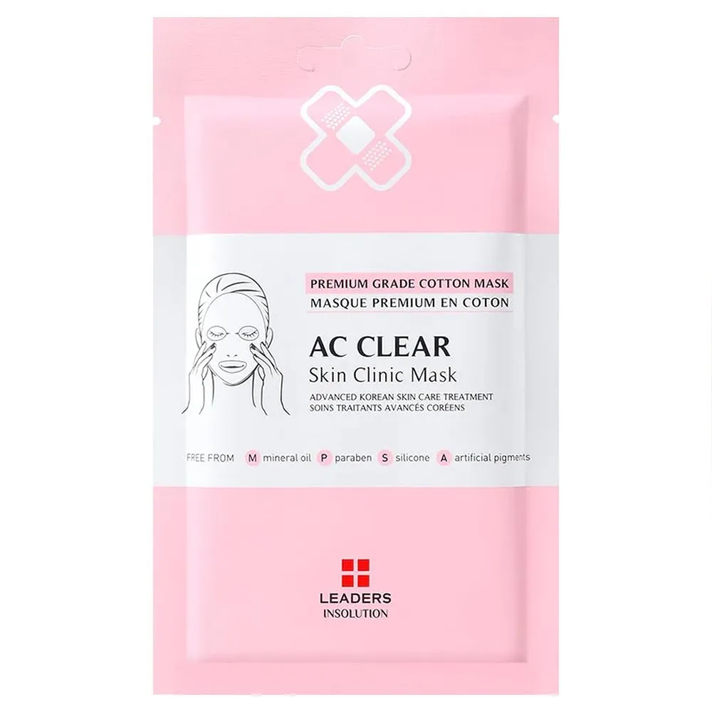 Leaders Insolution AC Clear Skin Clinic Mask | Snail Secretion & Tea Tree Oil for Acne, Redness, Oil Control | 100% Cotton Bemliese Sheet | Balances & Soothes Sensitive Skin (10 Sheets)
