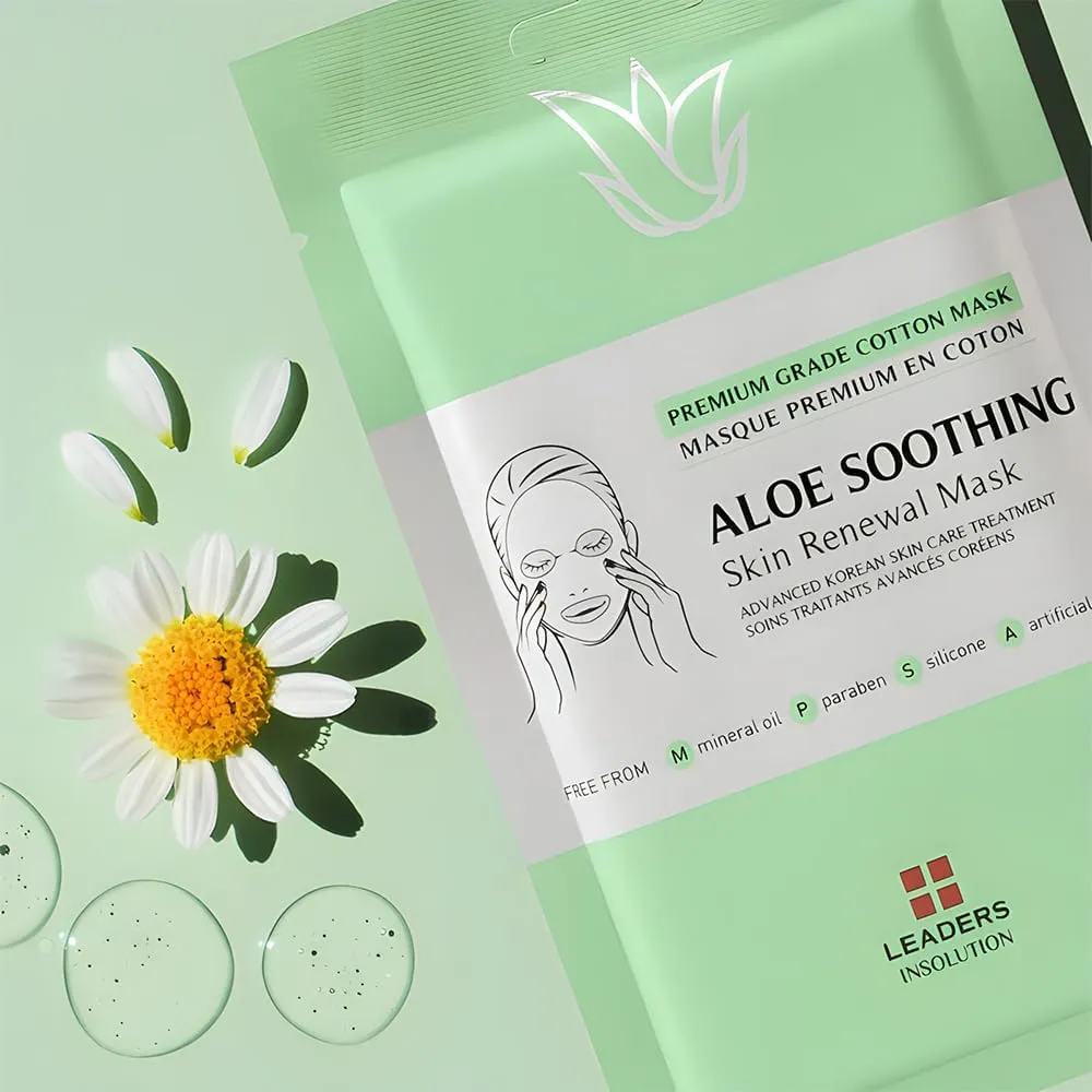 Leaders Insolution Aloe Soothing Skin Renewal Mask | Organic Aloe Leaf & Cactus Extract Hydrating Facial Treatment for Sensitive, Dry, Acne-Prone Skin | UV Repair & Hydration Boost (5 Sheets)