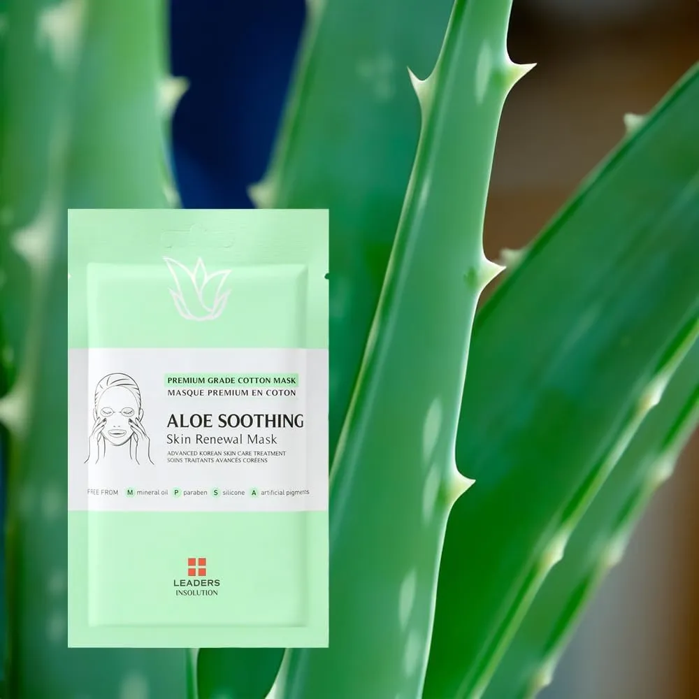 Leaders Insolution Aloe Soothing Skin Renewal Mask | Organic Aloe Leaf & Cactus Extract Hydrating Facial Treatment for Sensitive, Dry, Acne-Prone Skin | UV Repair & Hydration Boost (5 Sheets)