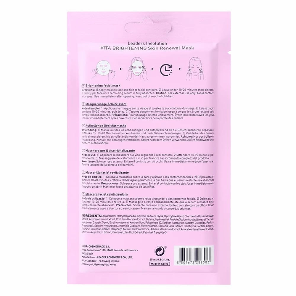 Leaders Insolution VITA Brightening Skin Renewal Mask | Vitamin C & Niacinamide for Dark Spot Reduction and Luminous Glow | 100% Natural Cotton Sheet for Dull Skin (5 Sheets)