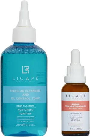 LICAPE® Skincare Set – Micellar Pore Tightening Toner 200ml with Chamomile & Anti-Aging Brightening Retinol Serum 30ml with Squalane, Hyaluronic Acid & Ceramides for Deep Cleansing