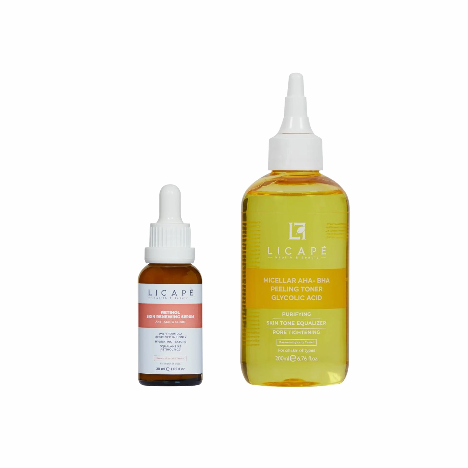LICAPE® Skincare Bundle – Anti-Aging Brightening Retinol Serum 30ml & Micellar Glycolic Acid AHA-BHA Toner 200ml with Squalane, Hyaluronic Acid, Niacinamide & Chamomile for Clear, Youthful Skin