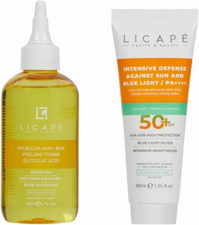 LICAPE® Skincare Bundle – Glycolic Acid AHA-BHA Peeling Toner 200ml & SPF 50  Sunscreen 40ml with Niacinamide, Chamomile & Aloe Vera for Skin Clarifying, Oil Control & High Sun Protection