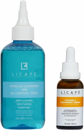 LICAPE® Skincare Duo – Micellar Pore Tightening Toner 200ml with Chamomile & Vitamin C Brightening Serum 30ml with Peptide Complex & Hyaluronic Acid for Deep Cleansing, Hydration