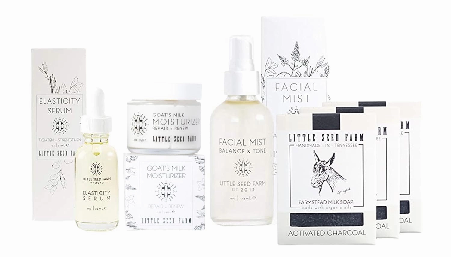 Little Seed Farm Activated Charcoal Bundle - Moisturizer   Soap   Elasticity Serum   Facial Mist Toner