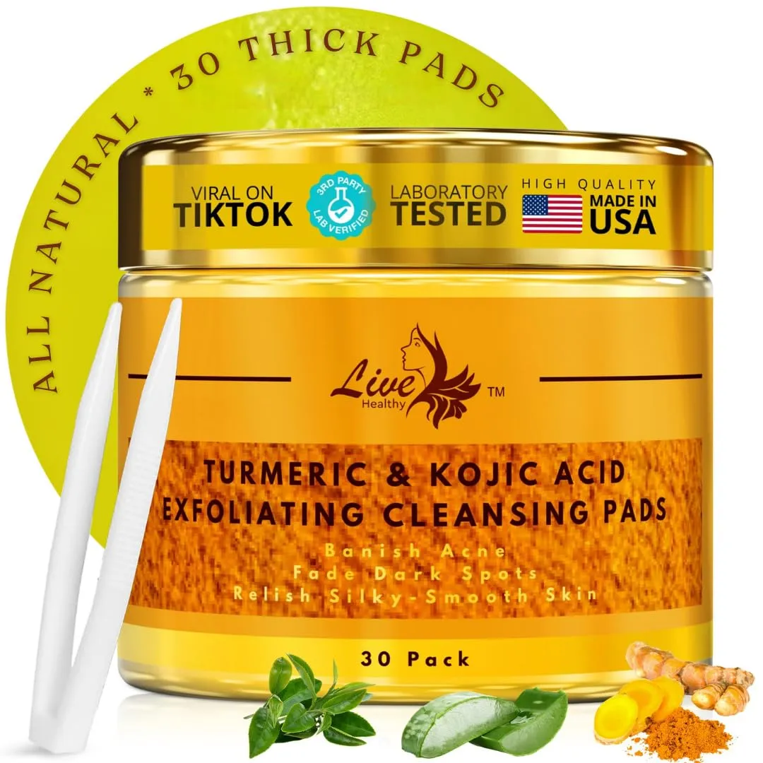 Live Healthy The Original Kojic Acid & Turmeric Cleansing Pads - Exfoliating, Facial Radiance, Face Scrub Pad - Turmeric Cleansing Pads for Dark Spots - Made in USA | 30 Count