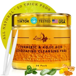 Live Healthy The Original Kojic Acid & Turmeric Cleansing Pads - Exfoliating, Facial Radiance, Face Scrub Pad - Turmeric Cleansing Pads for Dark Spots - Made in USA | 30 Count