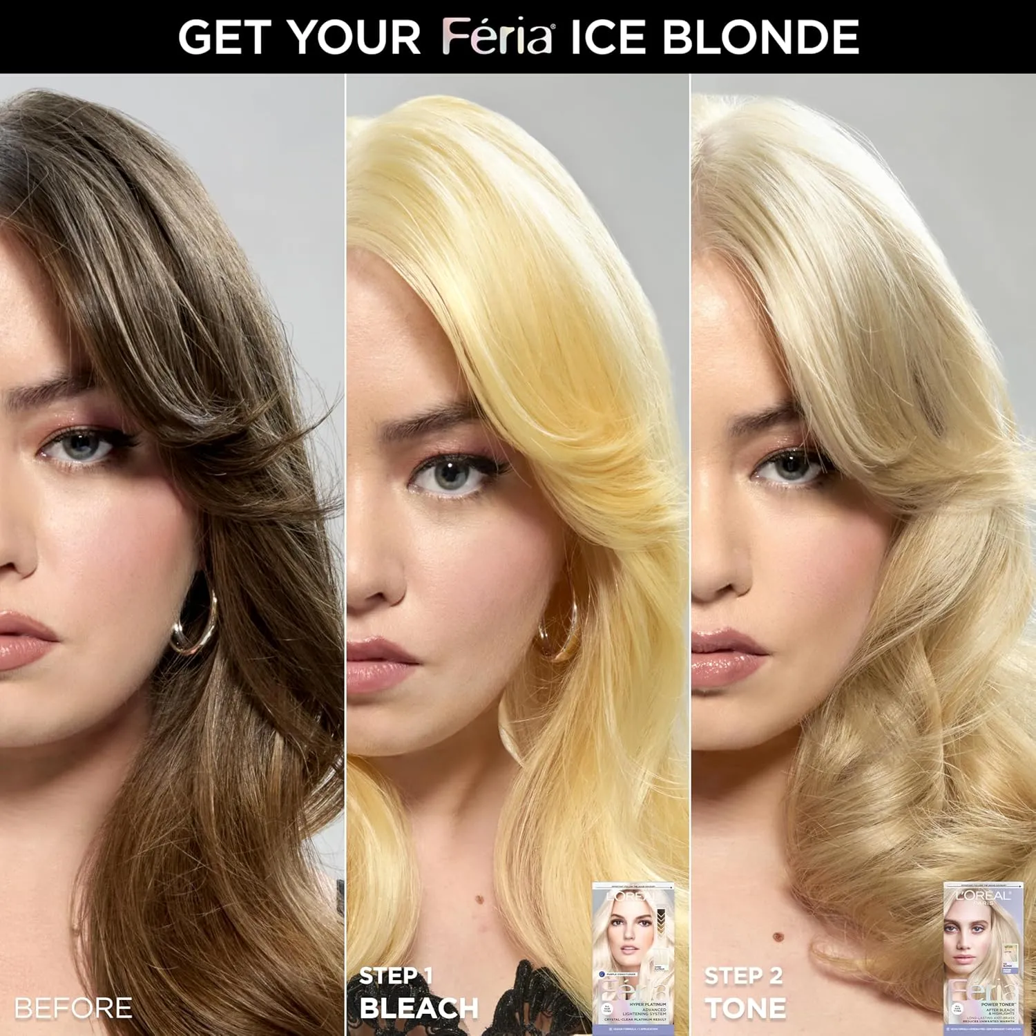 L'Oreal Paris Feria Long-Lasting Anti Brass Power Hair Toner, Ammonia Free Demi Permanent Hair Color, Ice Blonde Hair Toner, 1 Application