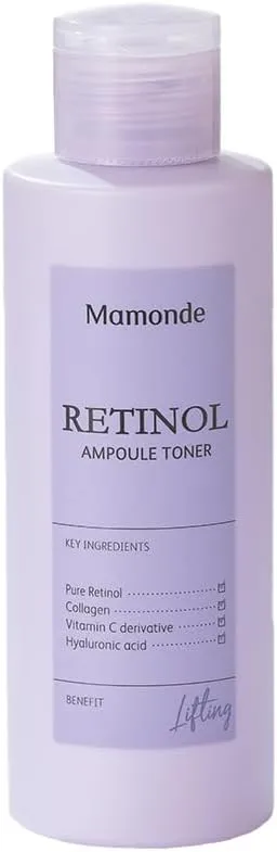 Mamonde Retinol Vegan Face Toner - Korean Daily Anti-Aging Ampoule-Like Texture for Sensitive Skin, Hyaluronic Acid, Vitamin C, Dermatologically Tested, 8.45 Fl Oz.