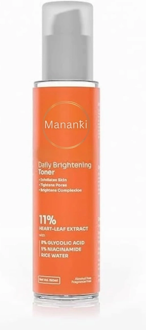 Mananki Daily Brightening Face Toner, Tightens Pores, Fades Blemishes & Exfoliates Skin, 150ml, with Niacinamide and Glycolic Acid with Rice Water