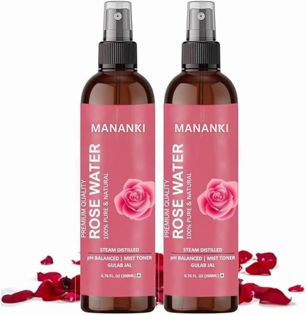 Mananki Rose Water Facial Toner Spray, 6.76 fl oz, 2 Pack, Steam Distilled, pH Balanced Gulab Jal Face Toner for Glowing Skin