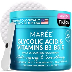 MAREE Glycolic Acid Polishes - Toner Pads for Face Cleansing - Tea Tree Oil, Salicylic Acid & Vitamins E, B3, B5 - Facial Peel & Radiance Deep Cleaning Effect - 50 Count