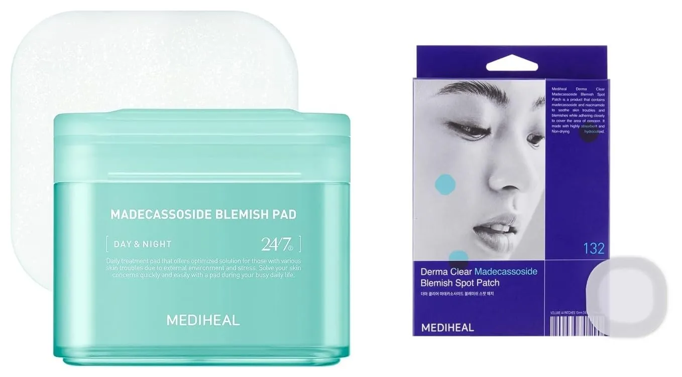 Mediheal Madecassoside Toner Pad to Improve Skin Tone & Derma Clear Madecassoside Blemish Spot Patch (132 Count)