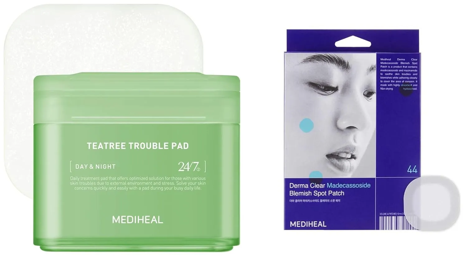 Mediheal Teatree Toner Pad to Calm Sensitive & Derma Clear Madecassoside Blemish Spot Patch (44 Count)