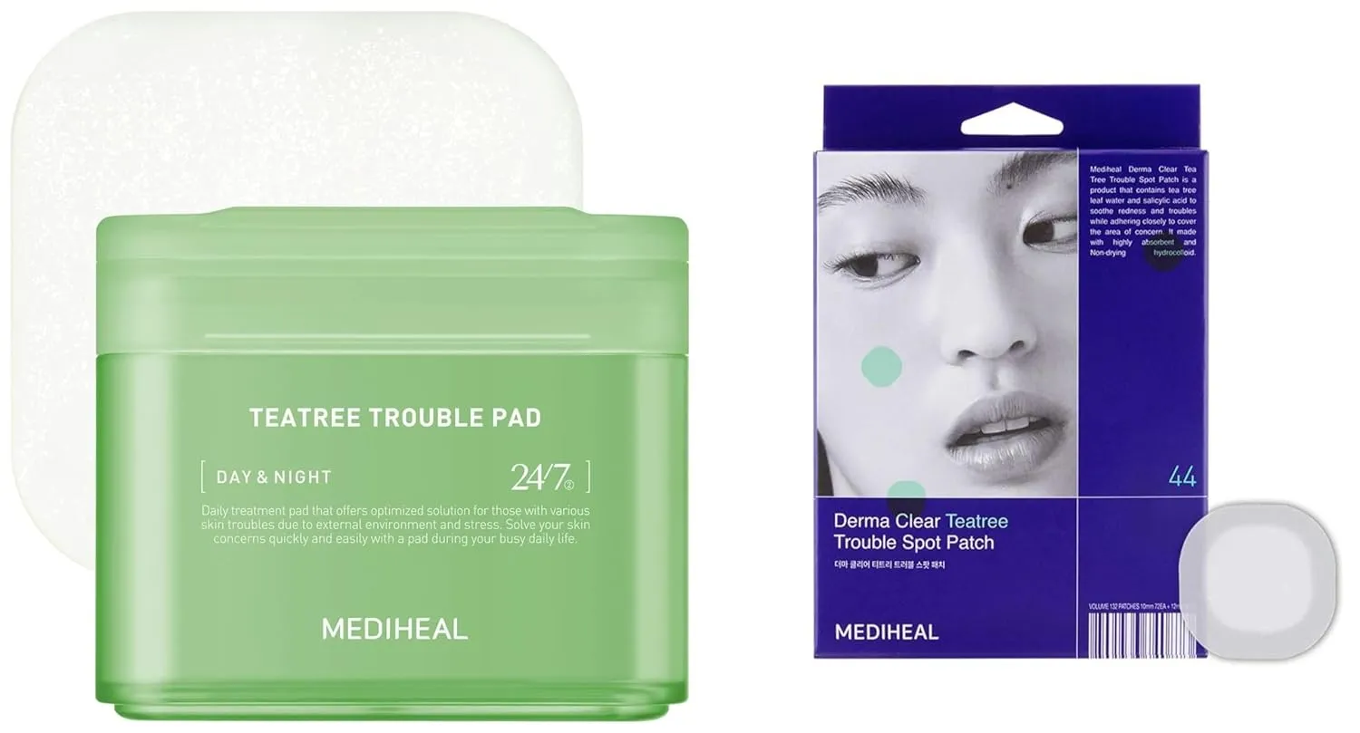 Mediheal Teatree Toner Pad to Calm Sensitive & Derma Teatree Spot Patch for Acne Trouble (44 Count)